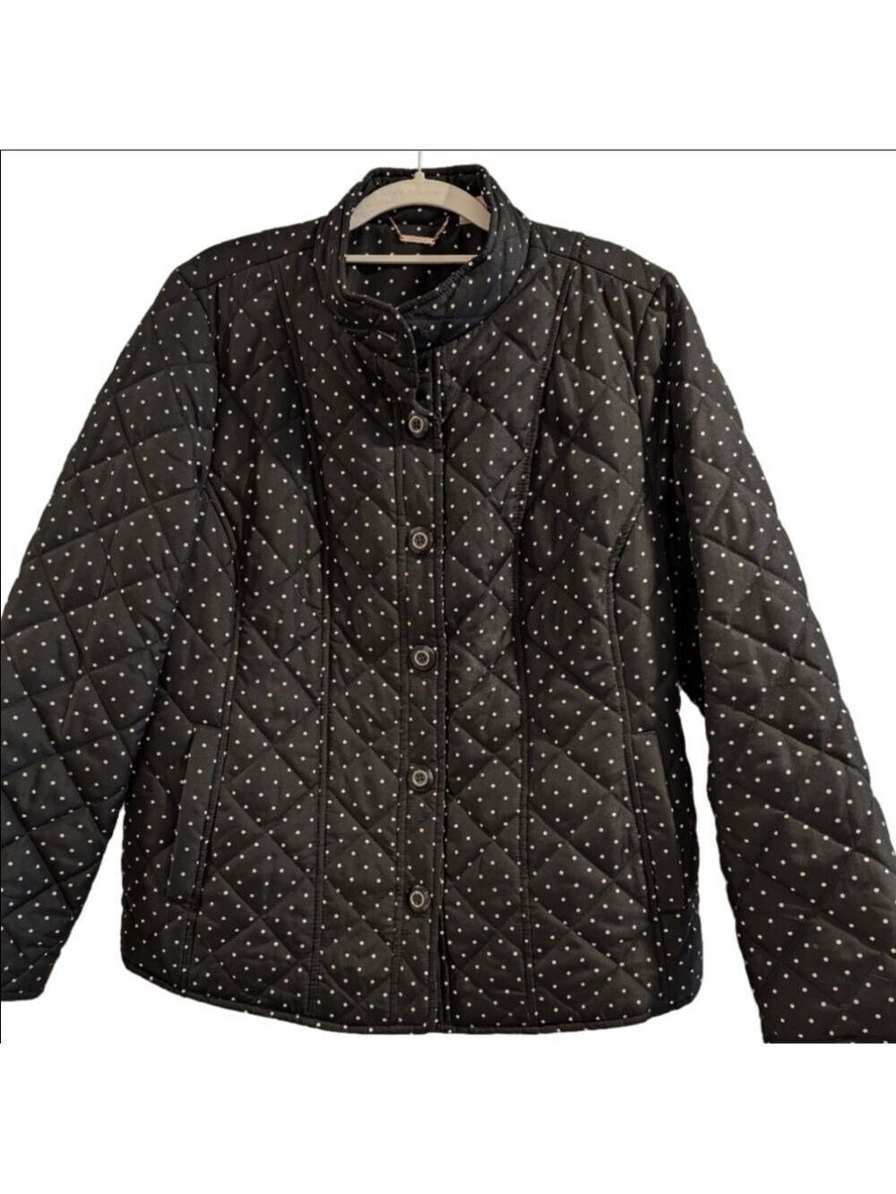 Chico's Polka Dot Black Quilted Jacket, Mandarin Collar ,Size 2 Or12-14 . - Picture 2 of 7